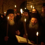 Monks chanting prayers at Mount Athos. The life of monks here is divided into 3 parts: prayer, rest, and work.