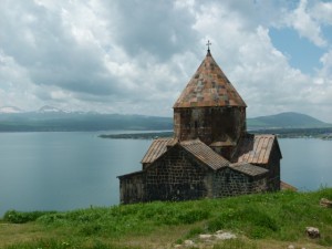 Sevanavank Monastery, with a striking view of Sevan Lake in the background.