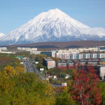 Petropavlovsk-Kamchatsky with Koryasky volcano in the background.
