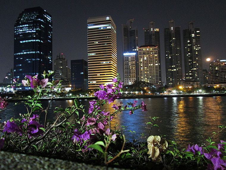 Benjakiti park in Bangkok at night time.